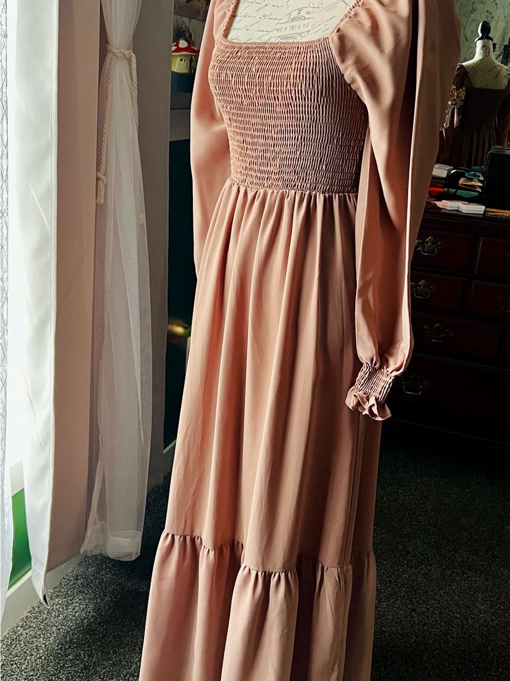 SHEIN Dusty Tan Smocked Long Sleeve Maxi Dress